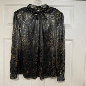 L XL Black Gold VTG Flowy Lauren‎ Lee Abstract Mock Neck Long Sleeve Blouse